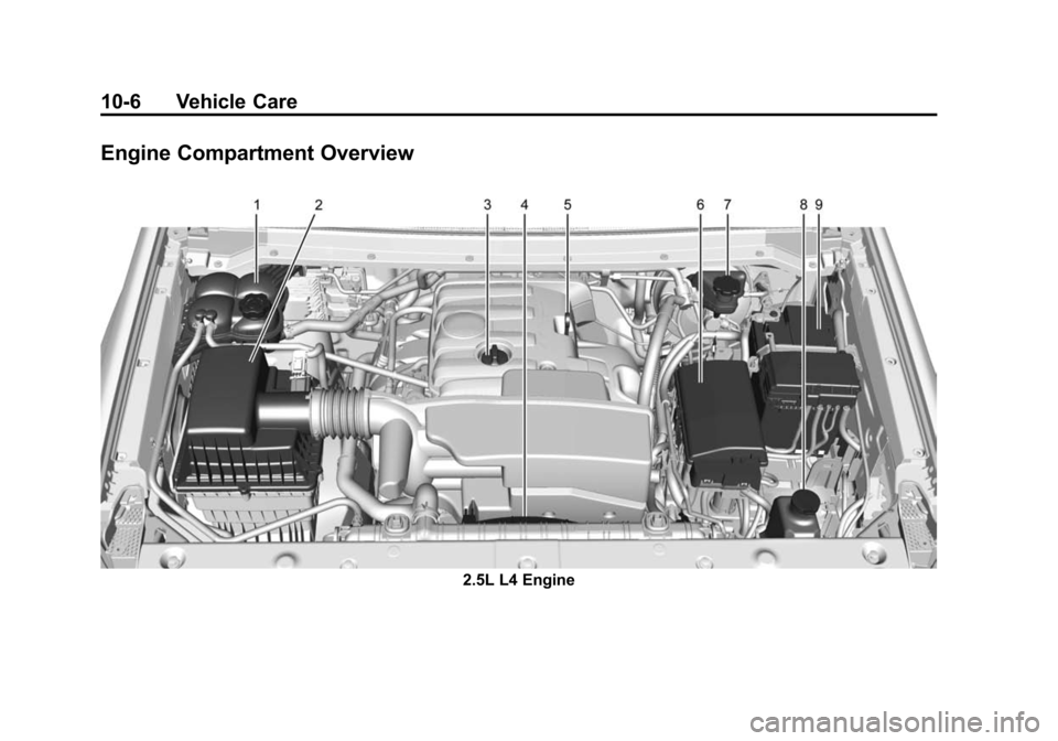 CHEVROLET COLORADO 2015 2.G Owners Manual Black plate (6,1)Chevrolet Colorado Owner Manual (GMNA-Localizing-U.S./Canada-
7586788) - 2015 - crc - 2/9/15
10-6 Vehicle Care
Engine Compartment Overview
2.5L L4 Engine 