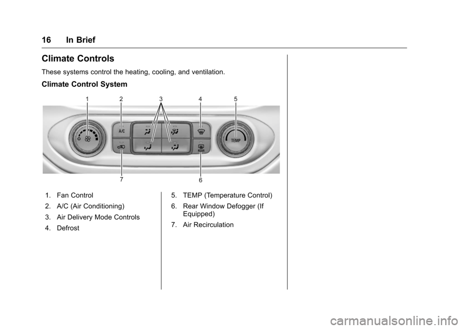 CHEVROLET COLORADO 2016 2.G Owners Manual Chevrolet Colorado Owner Manual (GMNA-Localizing-U.S/Canada/Mexico-
9159327) - 2016 - crc - 8/28/15
16 In Brief
Climate Controls
These systems control the heating, cooling, and ventilation.
Climate Co