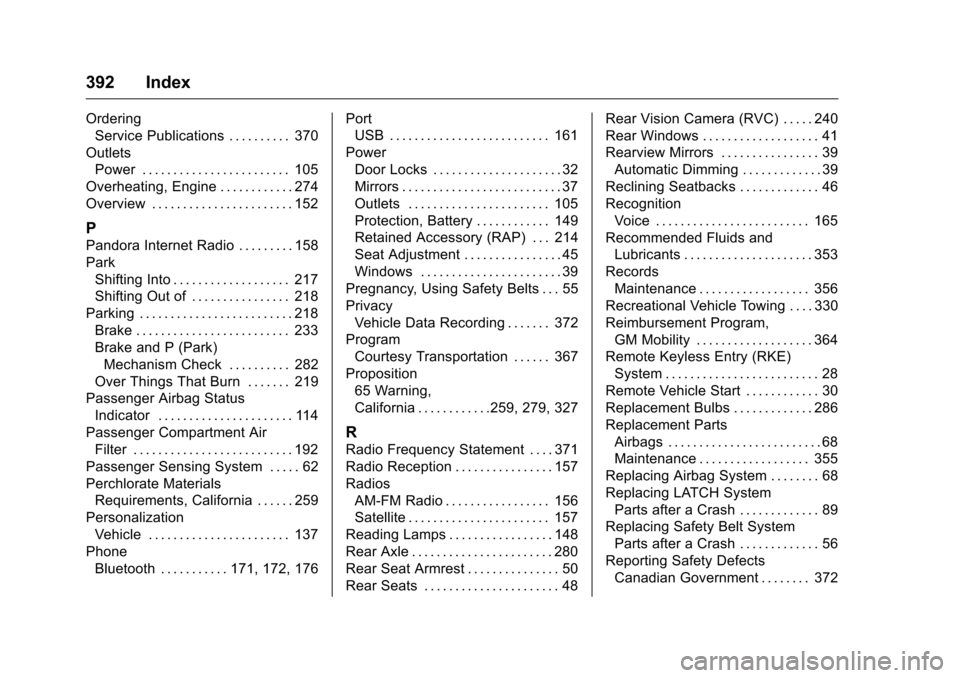 CHEVROLET COLORADO 2016 2.G Owners Manual Chevrolet Colorado Owner Manual (GMNA-Localizing-U.S/Canada/Mexico-
9159327) - 2016 - crc - 8/28/15
392 Index
OrderingService Publications . . . . . . . . . . 370
Outlets Power . . . . . . . . . . . . CHEVROLET COLORADO 2016 2.G Owners Manual Chevrolet Colorado Owner Manual (GMNA-Localizing-U.S/Canada/Mexico-
9159327) - 2016 - crc - 8/28/15
392 Index
OrderingService Publications . . . . . . . . . . 370
Outlets Power . . . . . . . . . . . .
