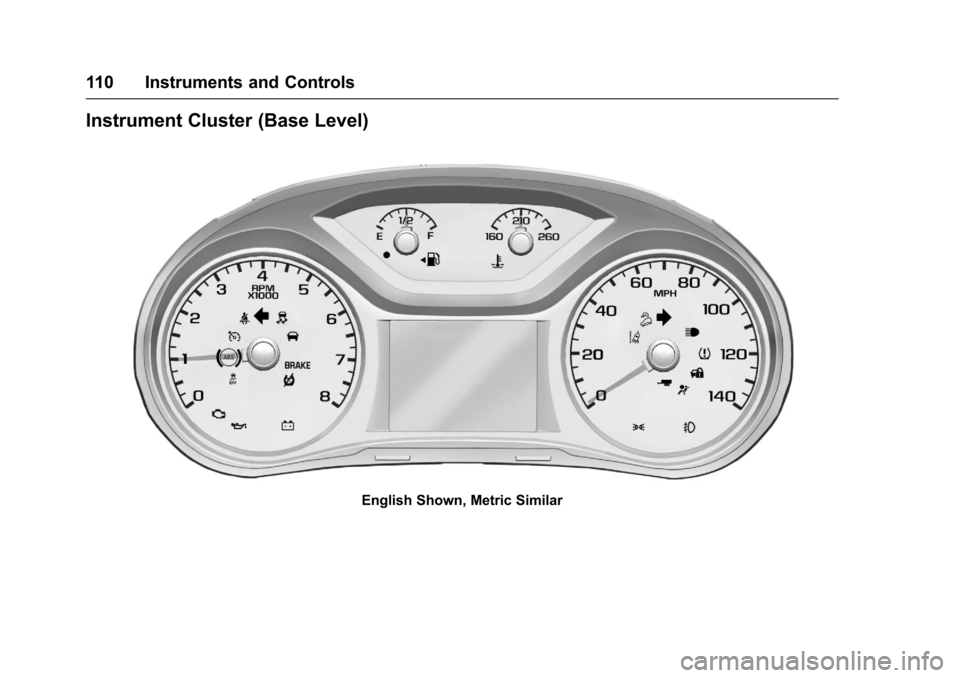 CHEVROLET COLORADO 2017 2.G Owners Manual Chevrolet Colorado Owner Manual (GMNA-Localizing-U.S./Canada/Mexico-10122675) - 2017 - crc - 8/22/16
110 Instruments and Controls
Instrument Cluster (Base Level)
English Shown, Metric Similar 