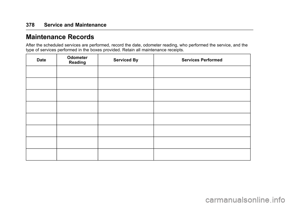 CHEVROLET COLORADO 2017 2.G Owners Manual Chevrolet Colorado Owner Manual (GMNA-Localizing-U.S./Canada/Mexico-10122675) - 2017 - crc - 8/22/16
378 Service and Maintenance
Maintenance Records
After the scheduled services are performed, record 