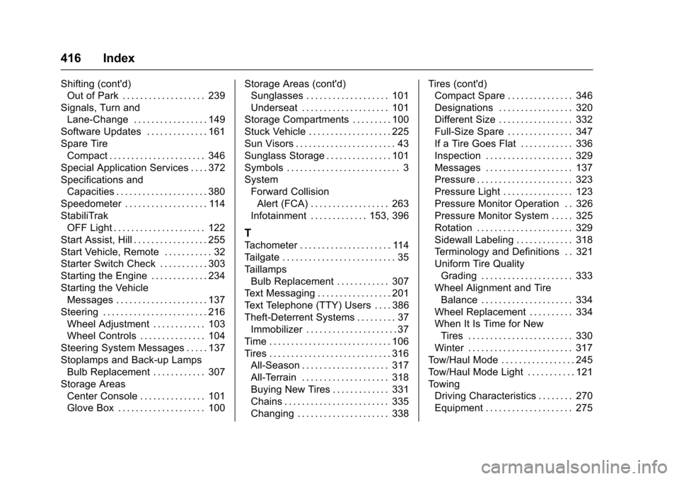 CHEVROLET COLORADO 2017 2.G Owners Manual Chevrolet Colorado Owner Manual (GMNA-Localizing-U.S./Canada/Mexico-10122675) - 2017 - crc - 8/22/16
416 Index
Shifting (contd)
Out of Park . . . . . . . . . . . . . . . . . . . 239
Signals, Turn and