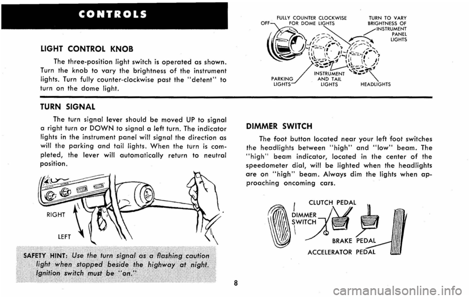 CHEVROLET CORVAIR 1960 1.G Owners Manual CONTROLS 
LIGHT CONTROL KNOB 
The three-position light switch is operated as shown. 
Turn  the 
knob to vary the brightness of the instrument 
lights. Turn fully counter-clockwise past the "detent" to