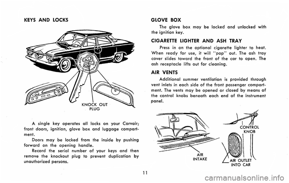 CHEVROLET CORVAIR 1960 1.G Owners Manual KEYS AND LOCKS 
A single key operates all locks on your Corvair; 
front doors, ignition, glove box and luggage compart­
ment. Doors 
may be locked from the  inside by pushing 
forward on the opening 