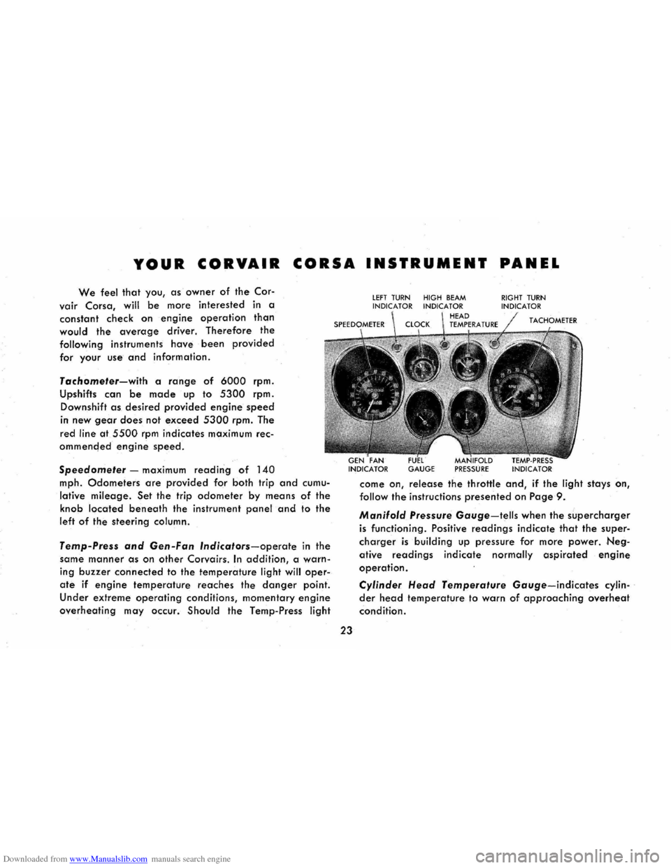CHEVROLET CORVAIR 1965 2.G Owners Manual Downloaded from www.Manualslib.com manuals search engine YOUR CORVAIR CORSA INSTRUMENT PANEL
We feel that you, as owner of the Cor-
vair Corsa, will be more interested in a
constant check on
engi CHEVROLET CORVAIR 1965 2.G Owners Manual Downloaded from www.Manualslib.com manuals search engine YOUR CORVAIR CORSA INSTRUMENT PANEL
We feel that you, as owner of the Cor-
vair Corsa, will be more interested in a
constant check on
engi