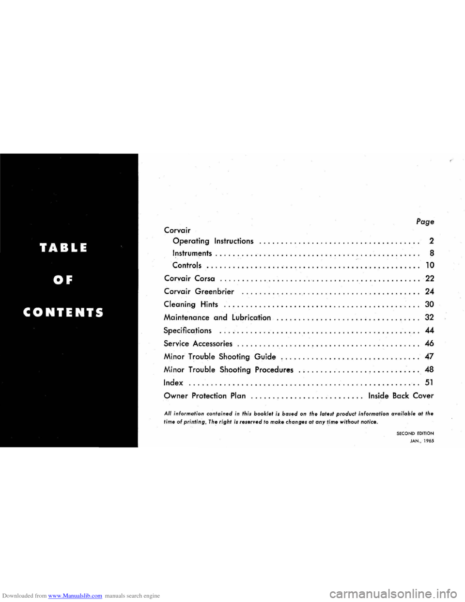CHEVROLET CORVAIR 1965 2.G Owners Manual Downloaded from www.Manualslib.com manuals search engine Page
Corvair
Operating Instructions ..................................... 2
Instruments. . . . . . . . . .. . . . . . . . . . . . . . . . . CHEVROLET CORVAIR 1965 2.G Owners Manual Downloaded from www.Manualslib.com manuals search engine Page
Corvair
Operating Instructions ..................................... 2
Instruments. . . . . . . . . .. . . . . . . . . . . . . . . . .