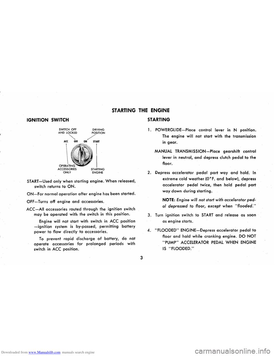 CHEVROLET CORVAIR 1965 2.G Owners Manual Downloaded from www.Manualslib.com manuals search engine IGNITION SWITCH
STARTING THE ENGINE
STARTING
SWITCH OFF AND LOCKED
~ ACC 011
OPERATI ACCESSORIES ONLY
DRIVING
POSITION
/ ON START
ST CHEVROLET CORVAIR 1965 2.G Owners Manual Downloaded from www.Manualslib.com manuals search engine IGNITION SWITCH
STARTING THE ENGINE
STARTING
SWITCH OFF AND LOCKED
~ ACC 011
OPERATI ACCESSORIES ONLY
DRIVING
POSITION
/ ON START
ST