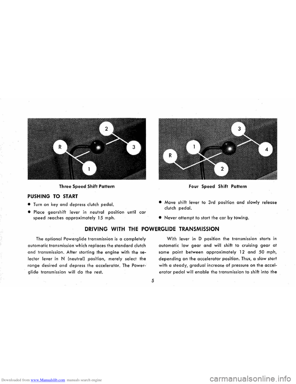 CHEVROLET CORVAIR 1965 2.G Owners Manual Downloaded from www.Manualslib.com manuals search engine Three Speed Shift Pattern
PUSHING TO START
• Turn on key and depress clutch pedal.
• Place gearshift lever in neutral position until car CHEVROLET CORVAIR 1965 2.G Owners Manual Downloaded from www.Manualslib.com manuals search engine Three Speed Shift Pattern
PUSHING TO START
• Turn on key and depress clutch pedal.
• Place gearshift lever in neutral position until car