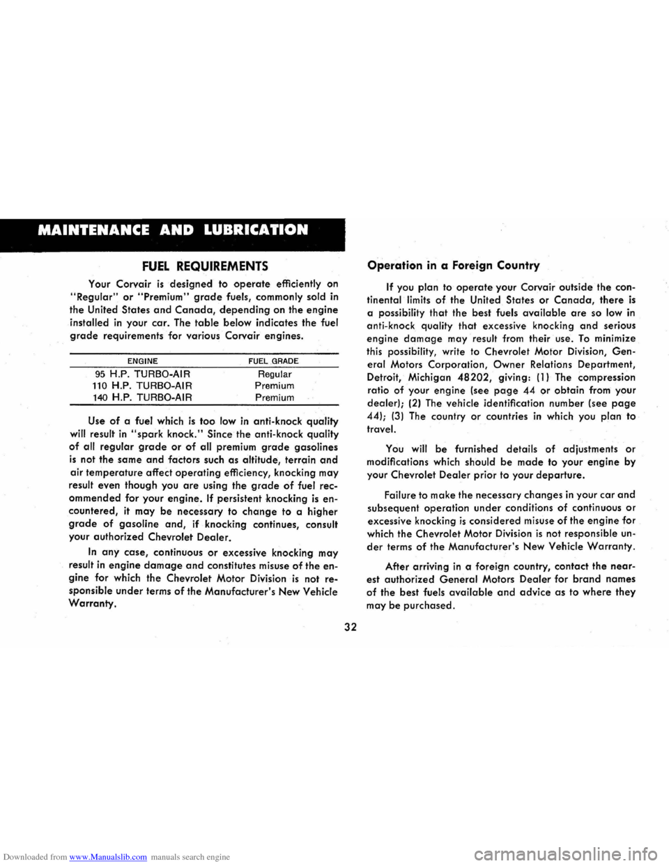 CHEVROLET CORVAIR 1986 2.G Owners Manual Downloaded from www.Manualslib.com manuals search engine MAINTENANCE AND LUBRICATION 
FUEL REQUIREMENTS 
Your Corvair is designed to operate efficiently on 
"Regular" or "Premium" grade fuels, commonl