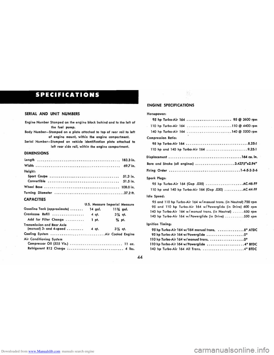 CHEVROLET CORVAIR 1986 2.G Owners Manual Downloaded from www.Manualslib.com manuals search engine SPECIFICATIONS 
SERIAL AND UNIT NUMBERS 
Engine Number  Stamped  on the engine block behind and to the  left  of 
the fuel  pump. 
Body 
Number