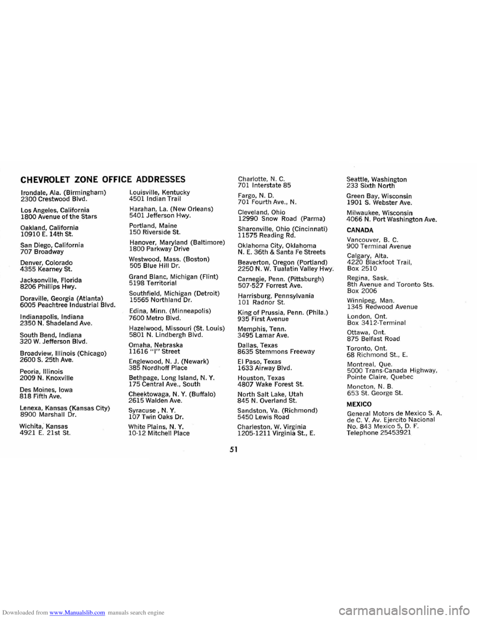 CHEVROLET CORVAIR 1986 2.G Owners Manual Downloaded from www.Manualslib.com manuals search engine CHEVROLET ZONE OFFICE ADDRESSES 
Irondale,  Ala. (Birmingham) 2300 Crestwood  Blvd. 
Los  Angeles,  California 
1800 Avenue of the Stars 
Oakla