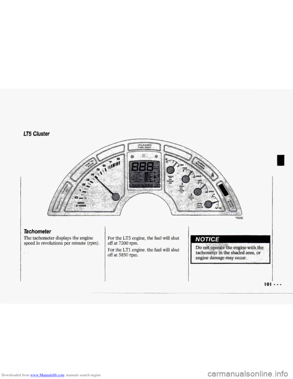 CHEVROLET CORVETTE 1993 4.G Owners Manual Downloaded from www.Manualslib.com manuals search engine LT5 Clusfer 
Tachometer 
The tachometer displays the engine: FOT the LT.5 engine, .the fuel will shut 
speed in revolgtions per minute (r~m). o
