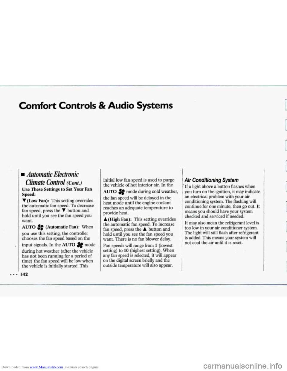 CHEVROLET CORVETTE 1993 4.G Owners Manual Downloaded from www.Manualslib.com manuals search engine Comfort Controls & Audio Systems 
Automutic Electrunic 
Climate Cuntvul (C0nt.j 
Use These Settings to Set Your Fan 
Speed 
V (Lqw.Ean): This.