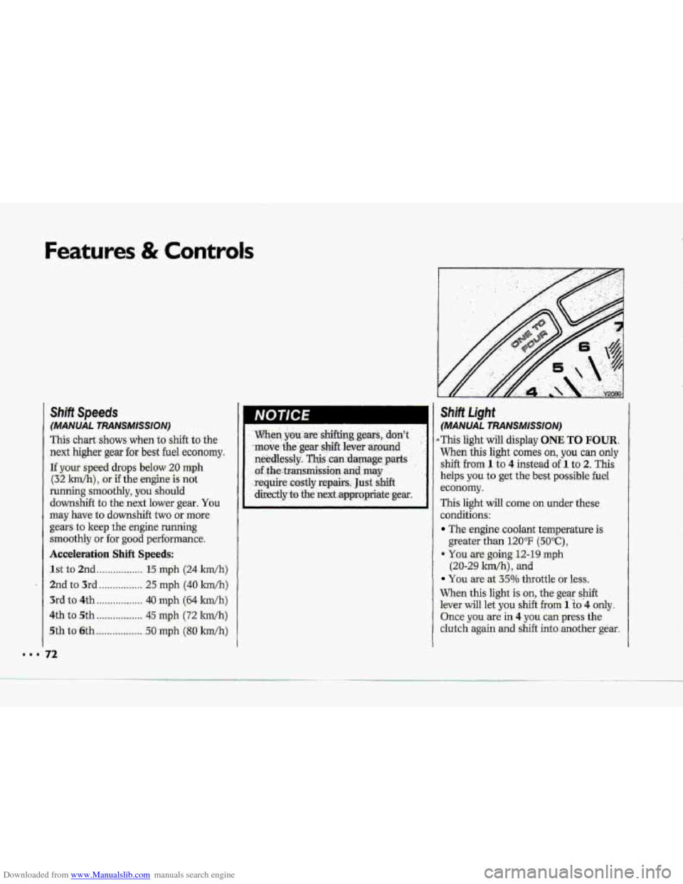 CHEVROLET CORVETTE 1993 4.G Owners Manual Downloaded from www.Manualslib.com manuals search engine Features & Controls 
Shift Speeds 
(MANUAL  TRANSMISSION) 
This chart-shows when to shift to the 
next higher gear for best fuel economy. 
If y