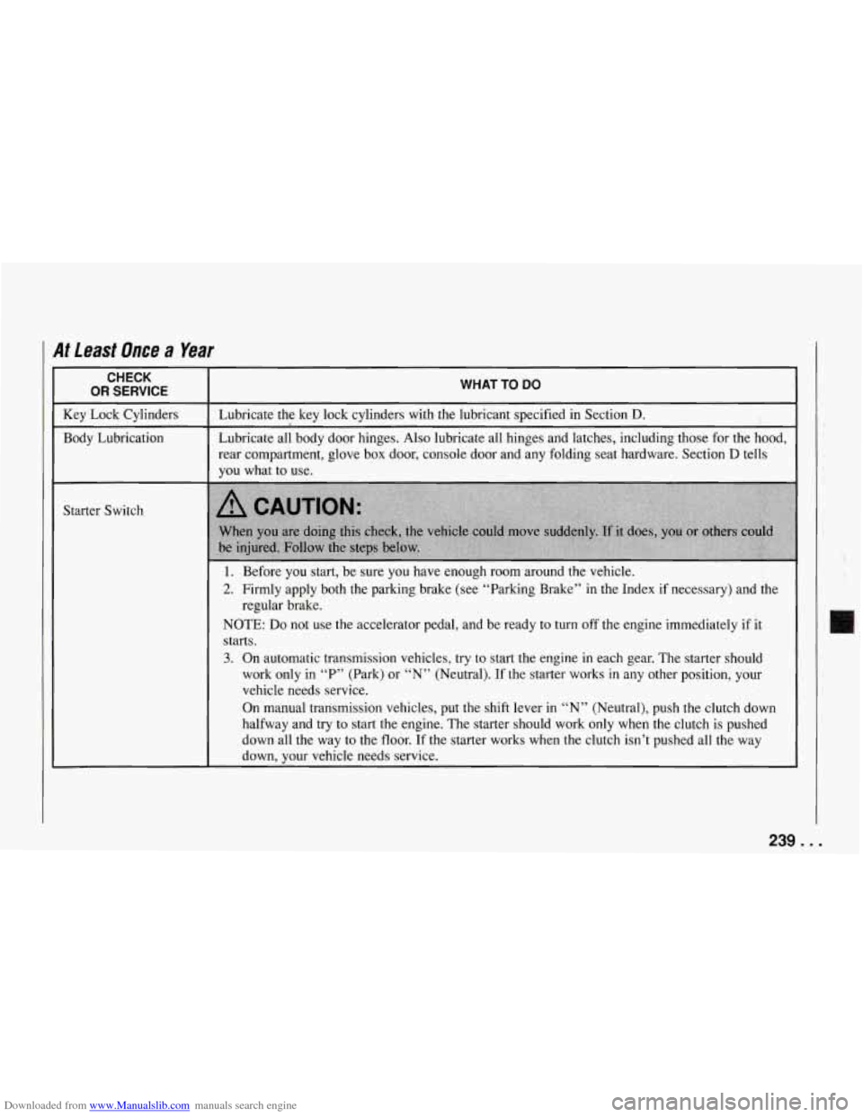 CHEVROLET CORVETTE 1994 4.G Owners Manual Downloaded from www.Manualslib.com manuals search engine I At  Least Once a Year 
WHAT TO DO 
Lubricate the key  lock  cylinders  with  the  lubricant  specified  in  Section D. 
Lubricate all body do