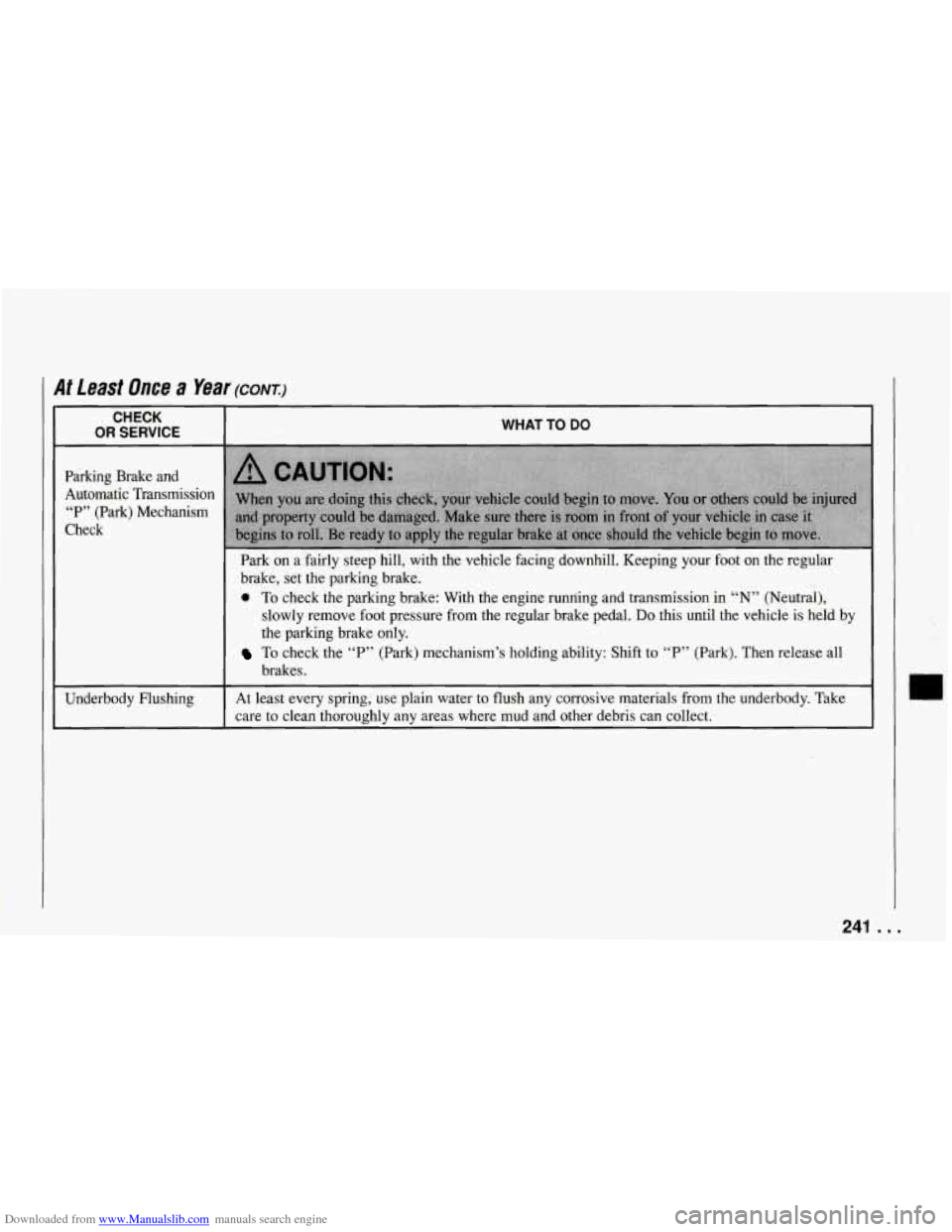 CHEVROLET CORVETTE 1994 4.G Owners Manual Downloaded from www.Manualslib.com manuals search engine I At Least Once a Year (CONI) 
CHECK 
OR SERVICE ~~  ~ 
Parking  Brake  and 
Automatic  Transmission  “P”  (Park)  Mechanism 
Check 
Underb