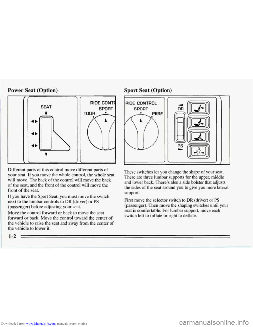 CHEVROLET CORVETTE 1995 4.G Owners Manual Downloaded from www.Manualslib.com manuals search engine Power Seat  (Option) 
4b 
SEAT 
i 
Sport  Seat  (Option) 
RIDE CONTROL 
SPORT 
Different  parts of this control  move different  parts  of 
you