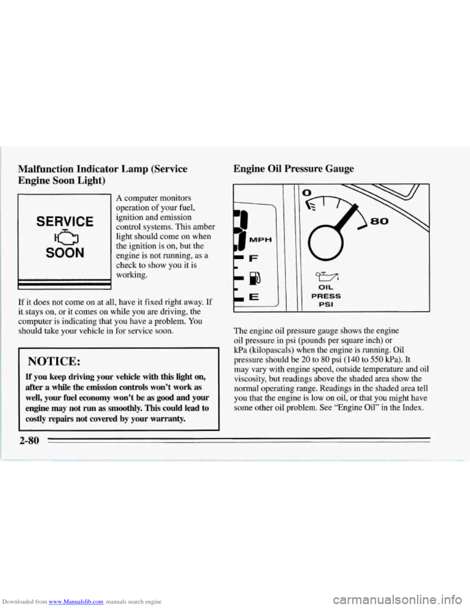 CHEVROLET CORVETTE 1995 4.G Owners Manual Downloaded from www.Manualslib.com manuals search engine Malfunction  Indicator Lamp (Service 
Engine  Soon  Light) 
SERVICE 
0 
SOON 
I 
A computer monitors 
operation 
of your fuel, 
ignition and em