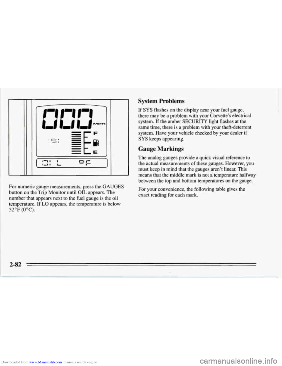 CHEVROLET CORVETTE 1995 4.G Owners Manual Downloaded from www.Manualslib.com manuals search engine I 1=1 1 I -1 I 
r . 
For numeric gauge measurements, press the GAUGES 
button  on the Trip Monitor until OIL appears.  The 
number that appears