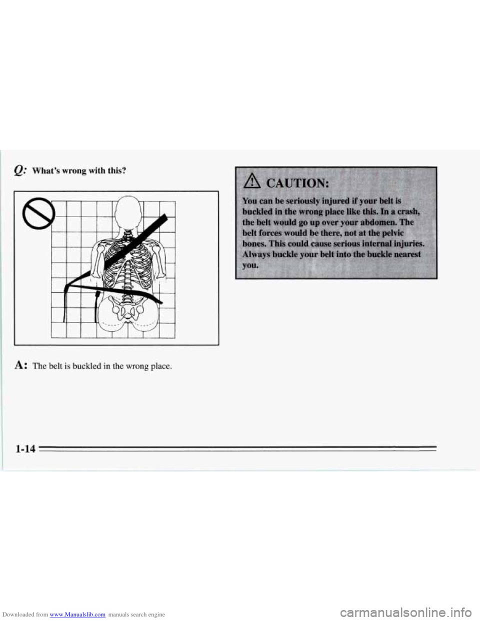 CHEVROLET CORVETTE 1995 4.G Owners Manual Downloaded from www.Manualslib.com manuals search engine @ What’s  wrong  with  this? 
n 
A: The belt is buckled in the wrong place. 
1-14   
