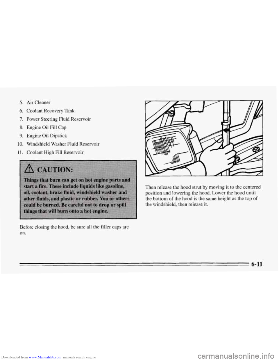 CHEVROLET CORVETTE 1995 4.G Owners Manual Downloaded from www.Manualslib.com manuals search engine 5. 
6. 
7. 
8. 
9. 
10. 
11. 
Air Cleaner Coolant  Recovery  Tank 
Power  Steering  Fluid Reservoir 
Engine  Oil  Fill  Cap 
Engine  Oil Dipsti
