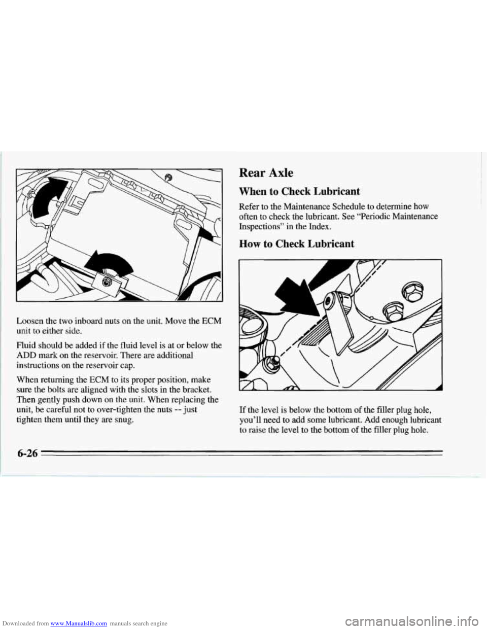 CHEVROLET CORVETTE 1995 4.G Owners Manual Downloaded from www.Manualslib.com manuals search engine Rear Axle 
Loosen  the two inboard  nuts  on the unit.  Move  the ECM 
unit to either  side. 
Fluid  should  be added  if the  fluid  level  is