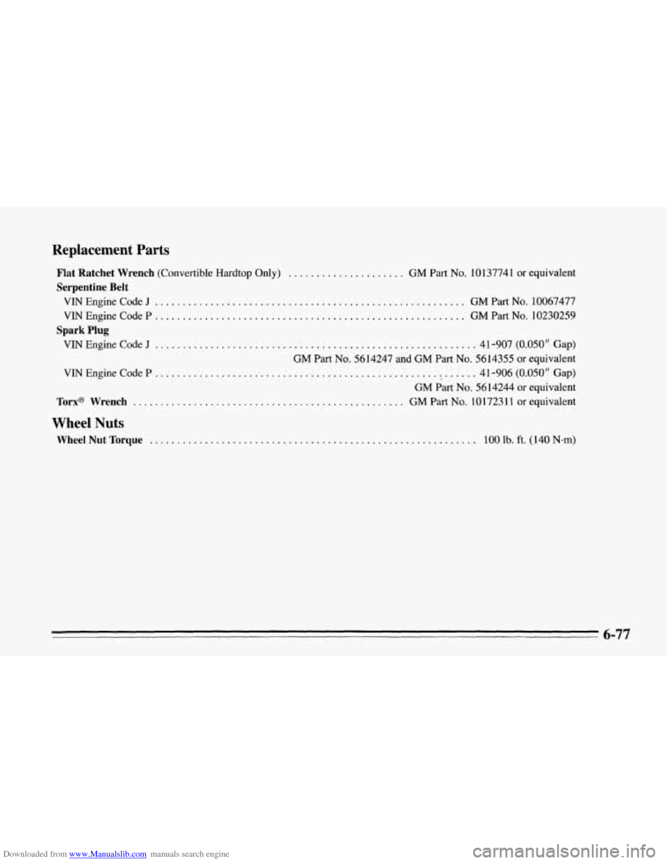 CHEVROLET CORVETTE 1995 4.G Owners Manual Downloaded from www.Manualslib.com manuals search engine Replacement Parts 
Flat  Ratchet  Wrench (Convertible Hardtop Only) ................... GM Part No. 10137741 or equivalent 
Serpentine  Belt 
V