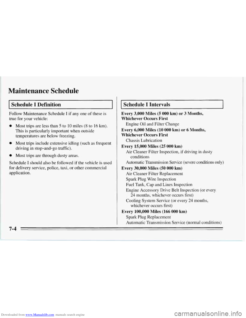CHEVROLET CORVETTE 1995 4.G Owners Manual Downloaded from www.Manualslib.com manuals search engine Maintenance  Schedule 
I Schedule I Definition I 
Follow Maintenance Schedule I if any one  of these  is 
true  for  your vehicle: 
0 Most trip