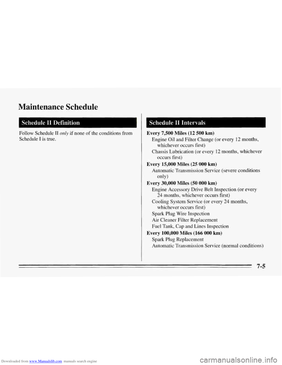 CHEVROLET CORVETTE 1995 4.G Owners Manual Downloaded from www.Manualslib.com manuals search engine Maintenance  Schedule 
Follow Schedule I1 only if none of the conditions from 
Schedule 
I is  true. 
I Schedule I1 Intervals I 
Every  7,500  