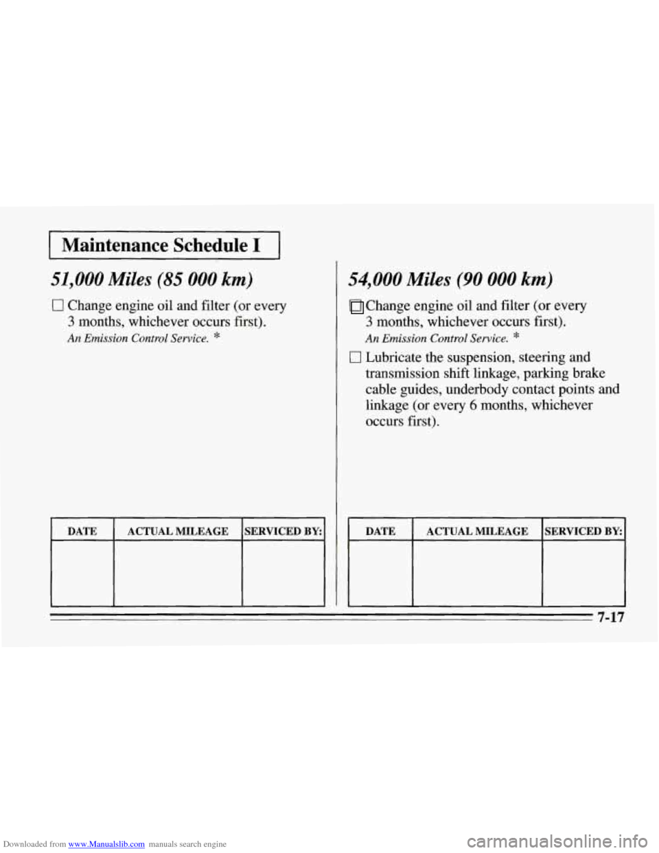 CHEVROLET CORVETTE 1995 4.G Owners Manual Downloaded from www.Manualslib.com manuals search engine Maintenance  Schedule I I 
51,000 Miles (85 000 km) 
0 Change  engine oil and  filter (or  every 
3 months,  whichever  occurs  first). 
An Emi