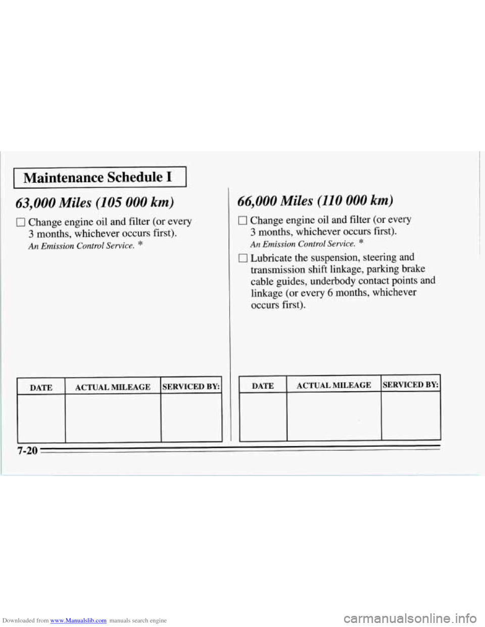 CHEVROLET CORVETTE 1995 4.G Owners Manual Downloaded from www.Manualslib.com manuals search engine I Maintenance  Schedule I I 
63,000 Miles (105 000 km) 
0 Change engine oil and filter (or every 
3 months, whichever occurs first). 
An Emissi