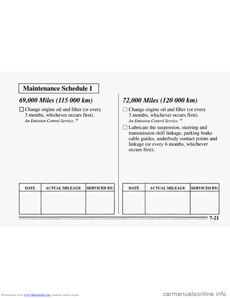 CHEVROLET CORVETTE 1995 4.G Owners Manual Downloaded from www.Manualslib.com manuals search engine 1 Maintenance  Schedule I I 
69,000 Miles (115 000 km) 
Change  engine oil and  filter  (or  every 
3 months,  whichever  occurs first). 
An Em