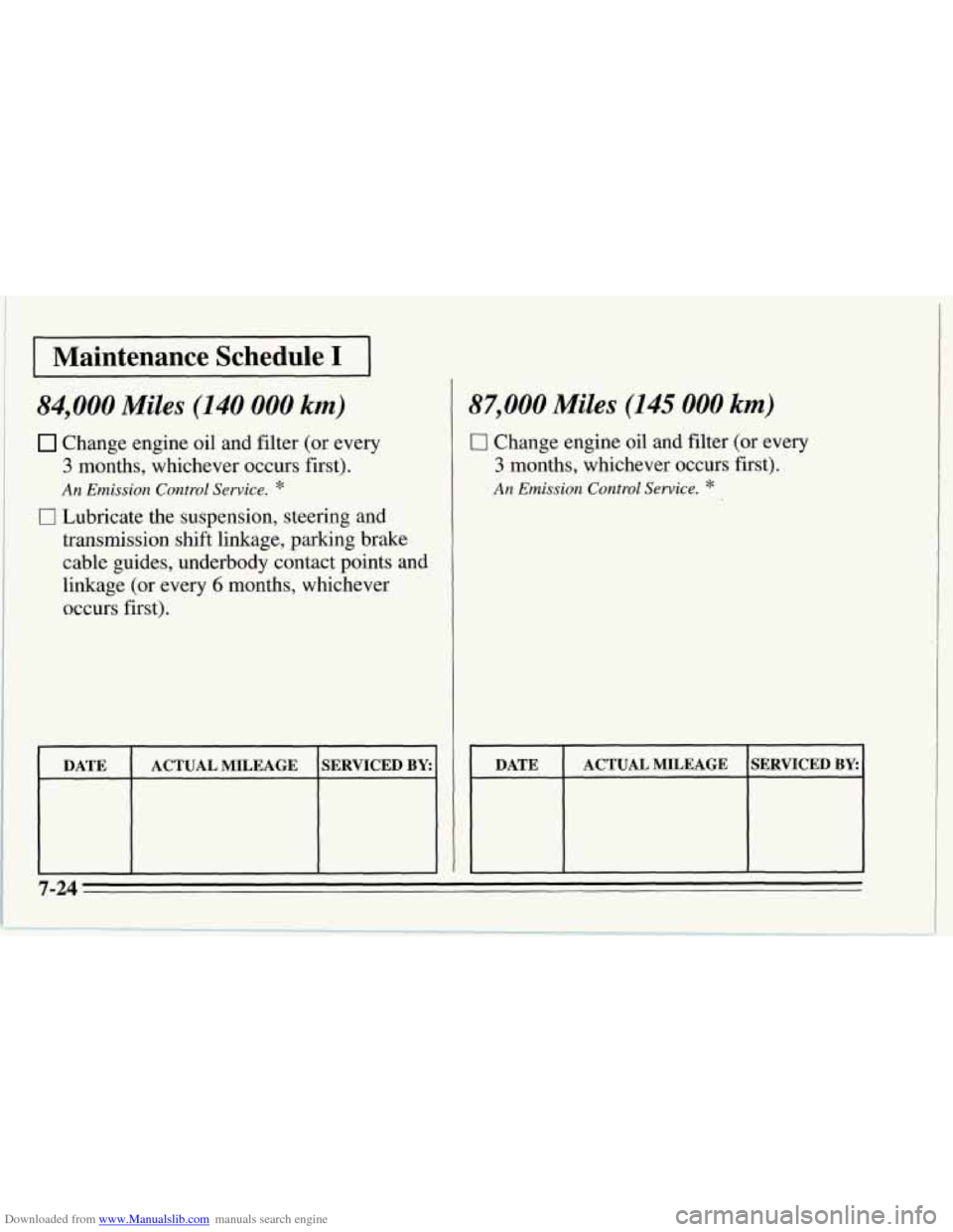 CHEVROLET CORVETTE 1995 4.G Owners Manual Downloaded from www.Manualslib.com manuals search engine I Maintenance  Schedule I I 
84,000 Miles (140 000 km) 
Change engine oil  and filter (or  every 
3 months, whichever  occurs first). 
An Emiss