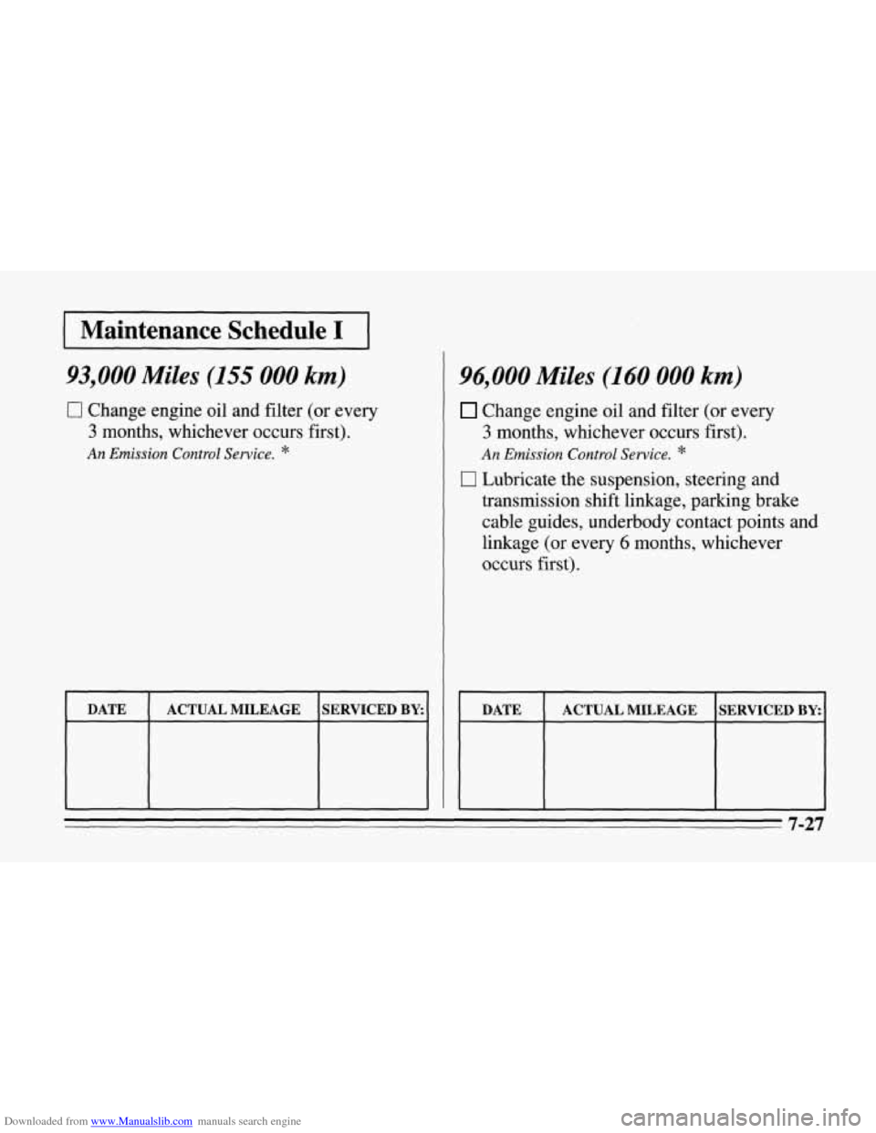CHEVROLET CORVETTE 1995 4.G Owners Manual Downloaded from www.Manualslib.com manuals search engine [ Maintenance  Schedule I I 
93,000 Miles (155 000 km) 
0 Change engine oil  and  filter (or every 
3 months,  whichever  occurs first). 
An  E
