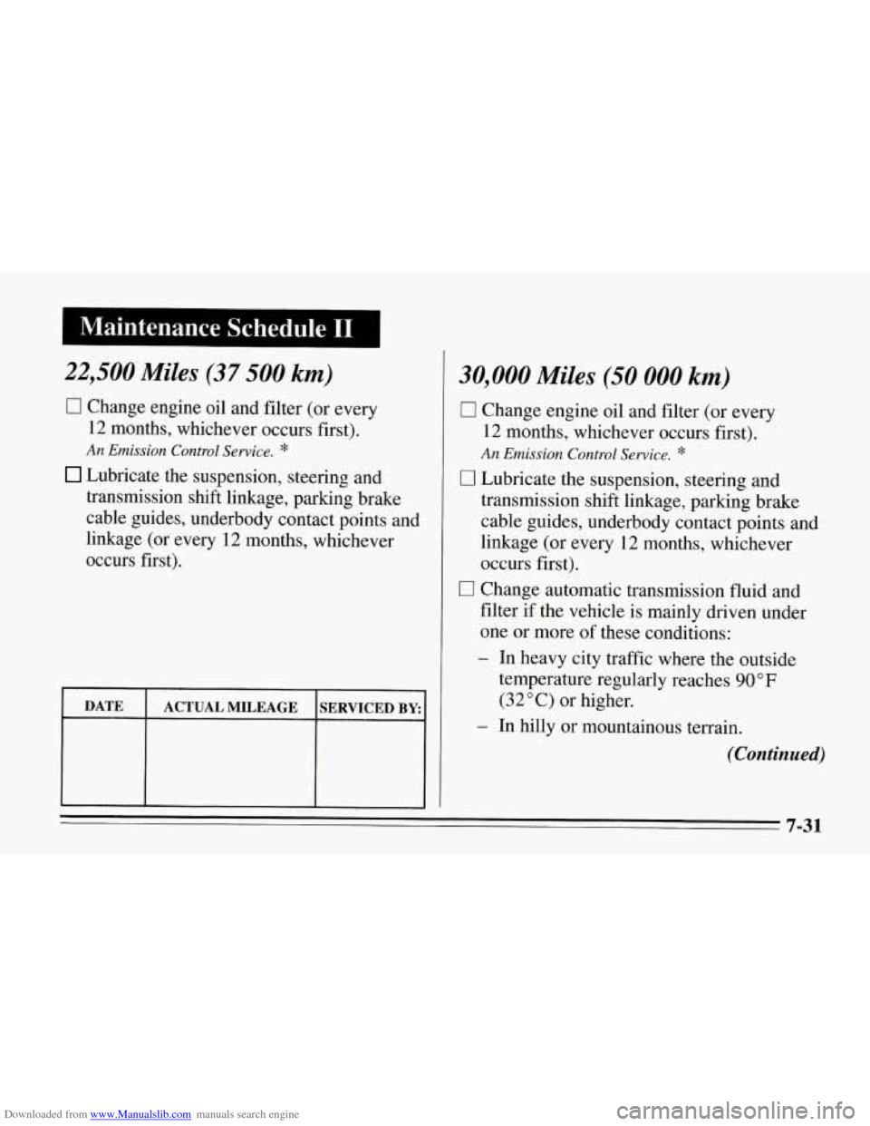 CHEVROLET CORVETTE 1995 4.G Owners Manual Downloaded from www.Manualslib.com manuals search engine Maintenance  Schedule I1 
22,500 Miles (37 500 km) 
0 Change  engine  oil  and filter (or  every 
12 months,  whichever  occurs  first). 
An Em