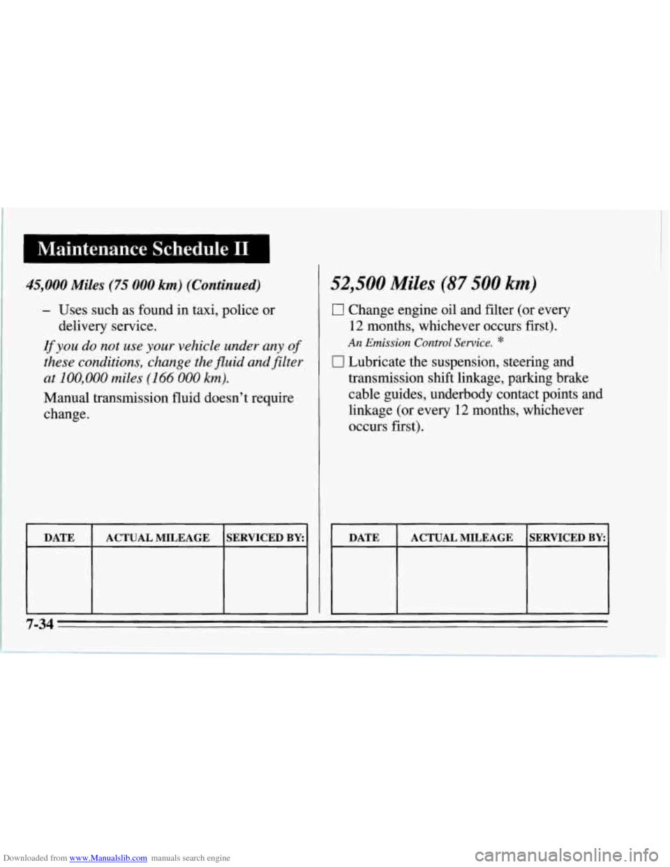 CHEVROLET CORVETTE 1995 4.G Owners Manual Downloaded from www.Manualslib.com manuals search engine Maintenance  Schedule I1 I 
45,000 Miles (75 000 km) (Continued) 
- Uses such as found in taxi, police or 
If you  do not use your vehicle unde