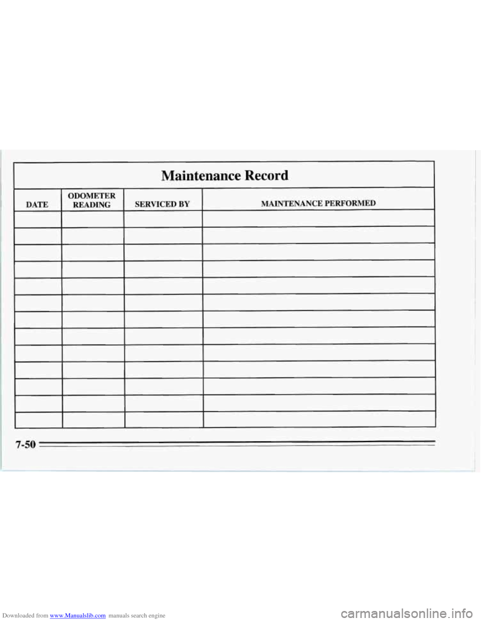 CHEVROLET CORVETTE 1995 4.G Owners Manual Downloaded from www.Manualslib.com manuals search engine Maintenance  Record 
ODOMETER READING  SERVICED 
BY MAINTENANCE  PERFORMED 
7-50   