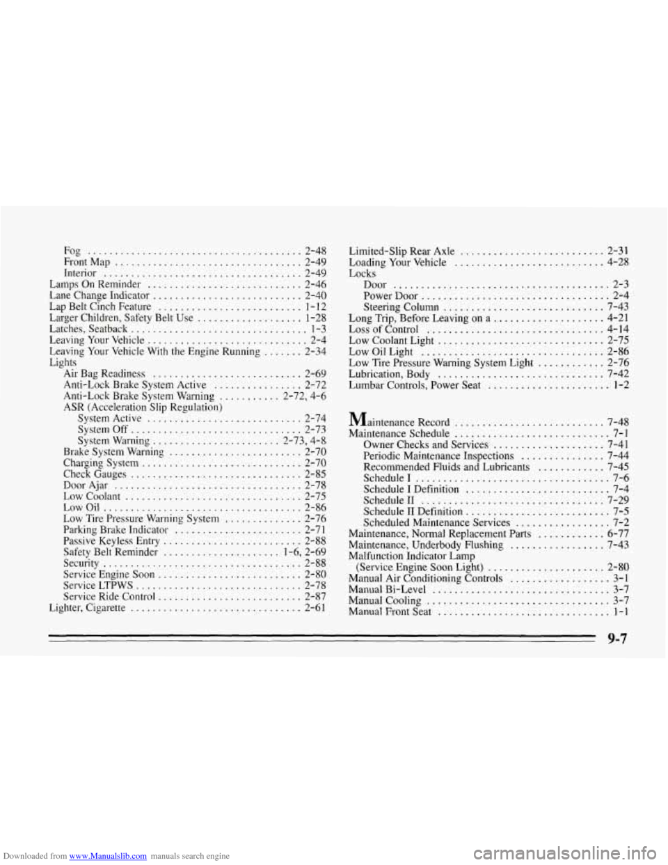 CHEVROLET CORVETTE 1995 4.G Owners Manual Downloaded from www.Manualslib.com manuals search engine Fog ....................................... 2-48 
FrontMap 
.................................. 2-49 
Interior 
................................
