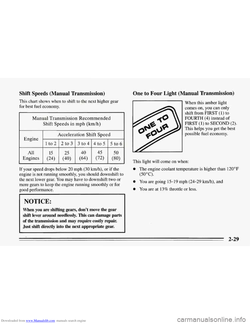 CHEVROLET CORVETTE 1995 4.G Owners Manual Downloaded from www.Manualslib.com manuals search engine Shift Speeds (Manual Transmission)
This chart shows when to shift to the next higher gear
for best fuel economy.
Manual Transmission CHEVROLET CORVETTE 1995 4.G Owners Manual Downloaded from www.Manualslib.com manuals search engine Shift Speeds (Manual Transmission)
This chart shows when to shift to the next higher gear
for best fuel economy.
Manual Transmission
