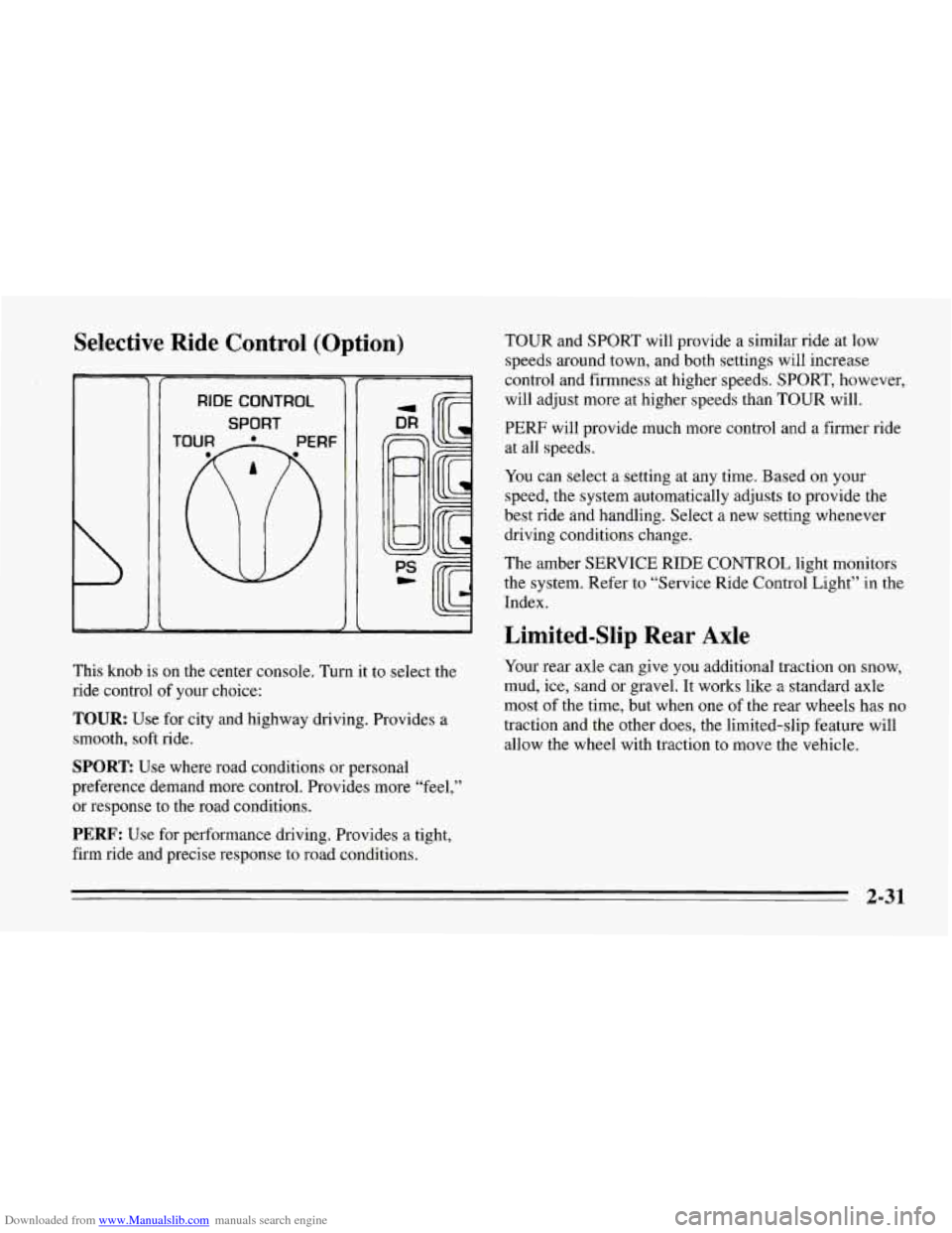 CHEVROLET CORVETTE 1995 4.G Owners Manual Downloaded from www.Manualslib.com manuals search engine Selective Ride Control  (Option) 
RIDE CONTROL 
SPORT I/ 
This knob is on the center console. Turn it  to  select the 
ride  control  of your  