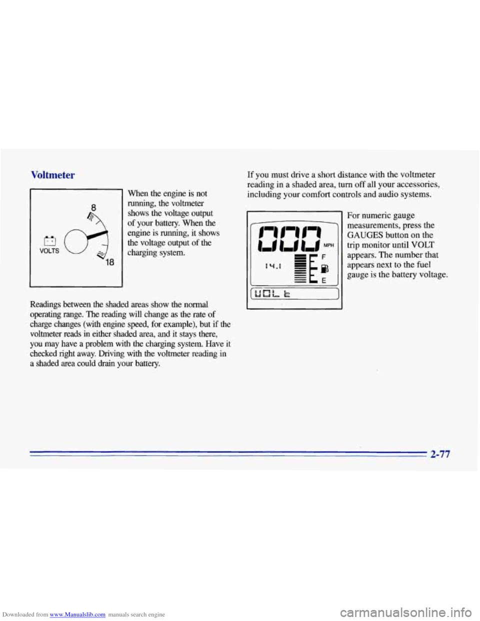CHEVROLET CORVETTE 1996 4.G Owners Manual Downloaded from www.Manualslib.com manuals search engine Voltmeter 
El 
VOLTS 
18 
When  the  engine  is  not running,  the  voltmeter 
shows  the  voltage  output 
of  your  battery. 
When the 
engin