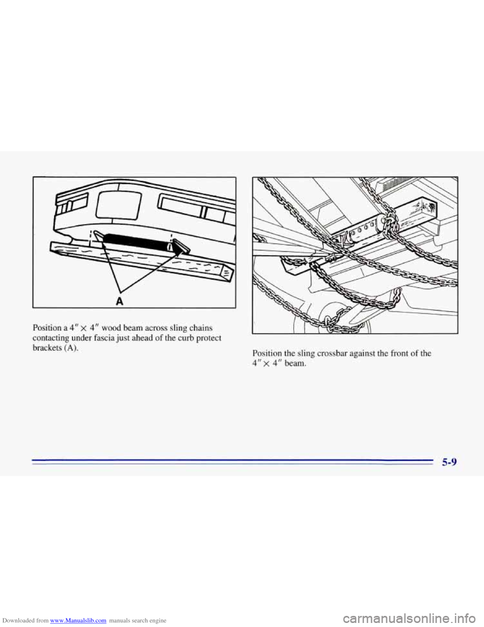 CHEVROLET CORVETTE 1996 4.G Owners Manual Downloaded from www.Manualslib.com manuals search engine A 
Position a 4" X 4" wood beam across  sling  chains 
contacting  under  fascia  just ahead  of  the  curb protect 
brackets 
(A). Position  t