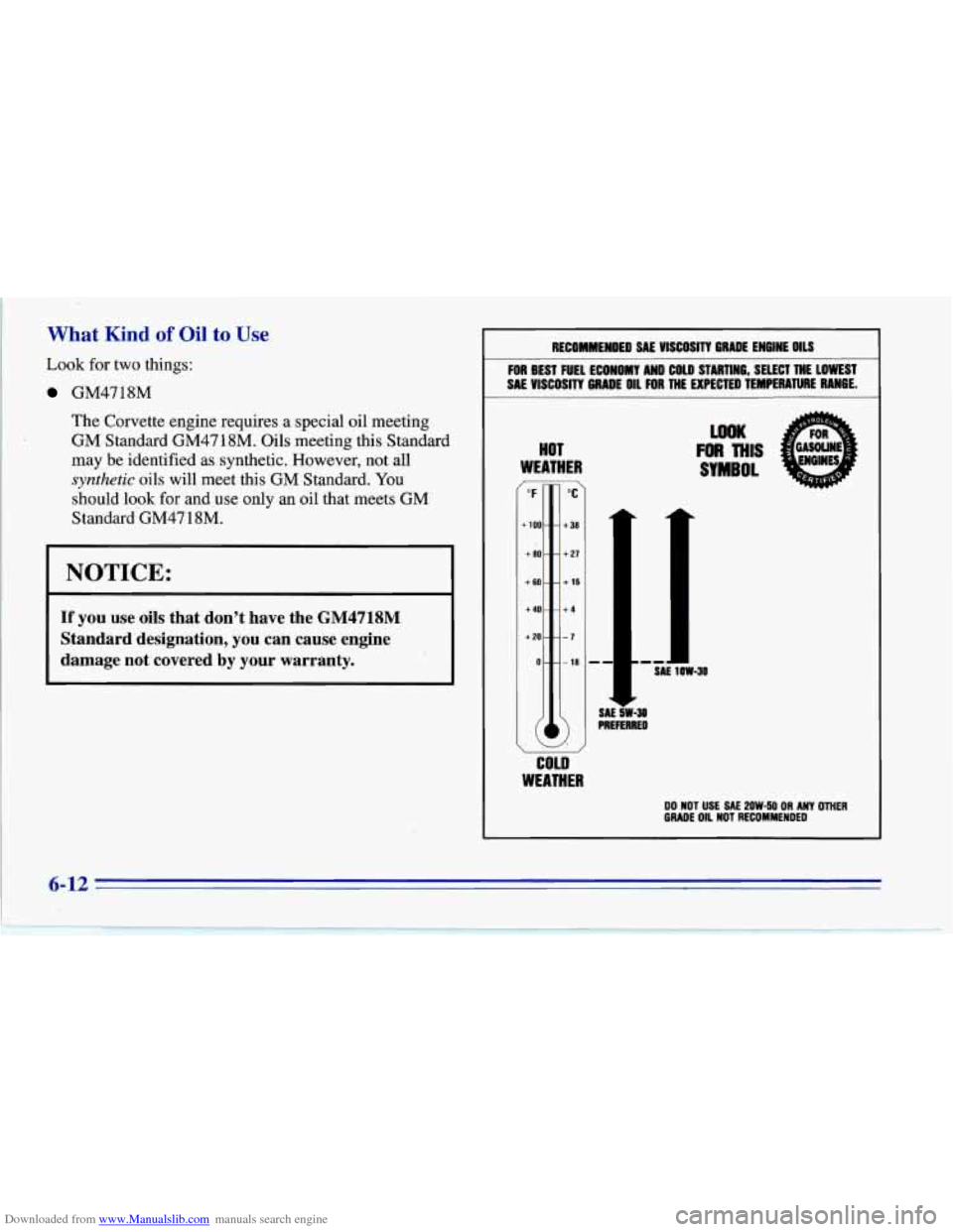 CHEVROLET CORVETTE 1996 4.G Owners Manual Downloaded from www.Manualslib.com manuals search engine What Kind of Oil to Use 
Look for two  things: 
GM4718M 
The  Corvette engine requires  a special oil meeting 
GM  Standard  GM47 18M. Oils mee