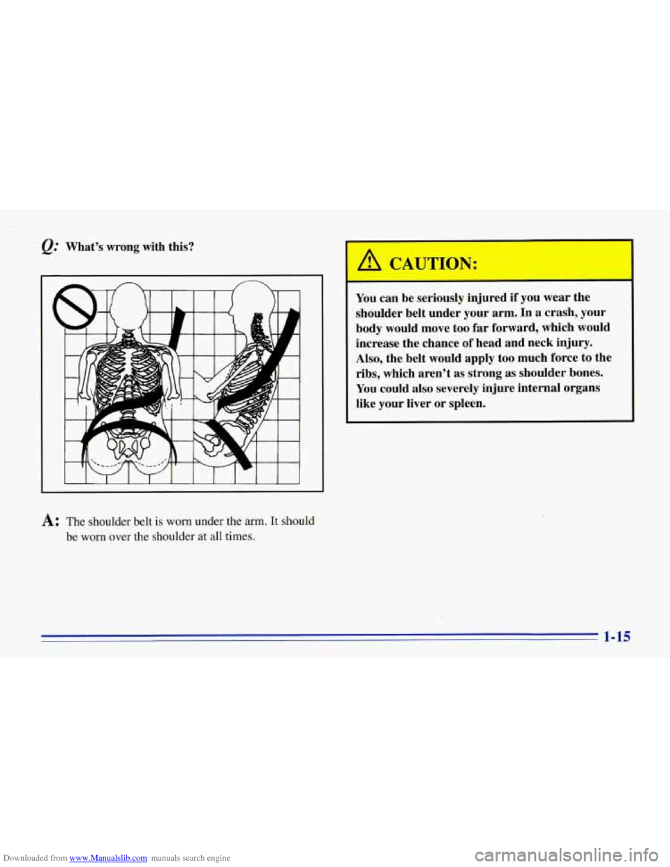 CHEVROLET CORVETTE 1996 4.G Owners Manual Downloaded from www.Manualslib.com manuals search engine @ What’s  wrong  with this? 
‘I 
You can be  seriously  injured if you wear  the 
shoulder  belt under  your  arm.  In 
a crash,  your 
bod