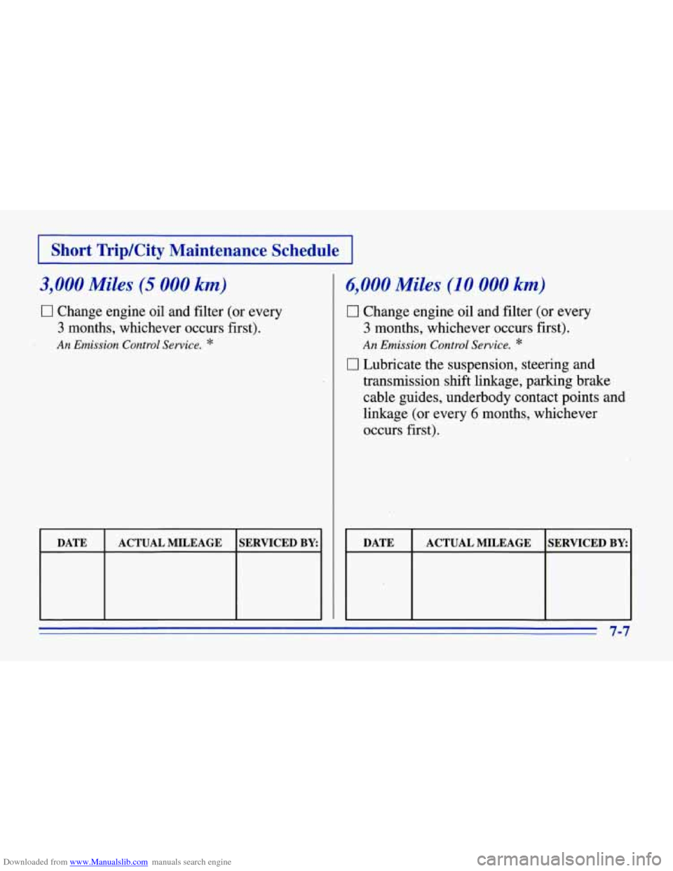 CHEVROLET CORVETTE 1996 4.G Owners Manual Downloaded from www.Manualslib.com manuals search engine I Short  Trip/City  Maintenance  Schedule I 
3,000 Miles (5 000 km) 
Cl Change  engine  oil  and filter (or every 
3 months,  whichever occurs 