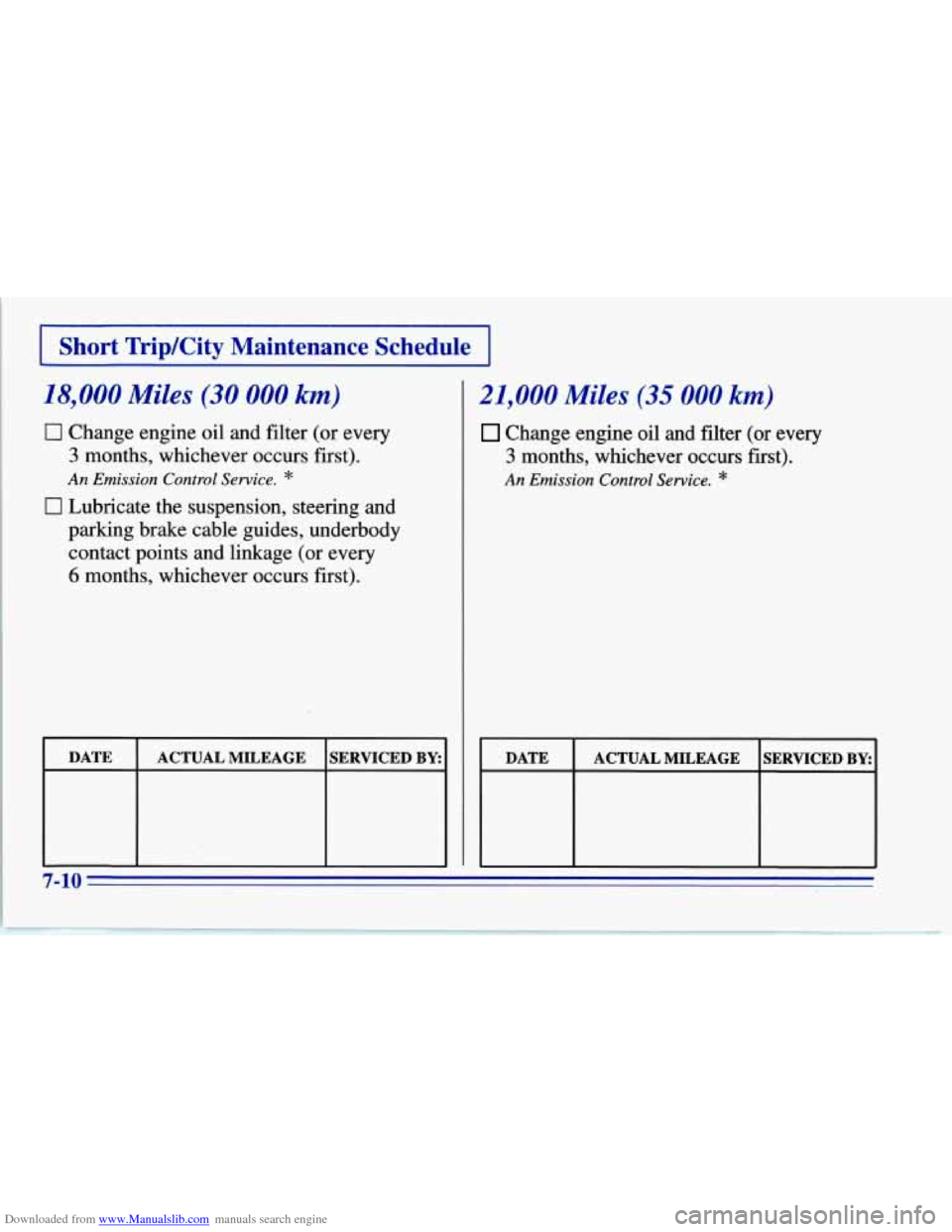 CHEVROLET CORVETTE 1996 4.G Owners Manual Downloaded from www.Manualslib.com manuals search engine I Short  Trip/City  Maintenance  Schedule I 
18,000 Miles (30 000 km) 
0 Change engine oil and filter (or every 
3 months,  whichever occurs fi