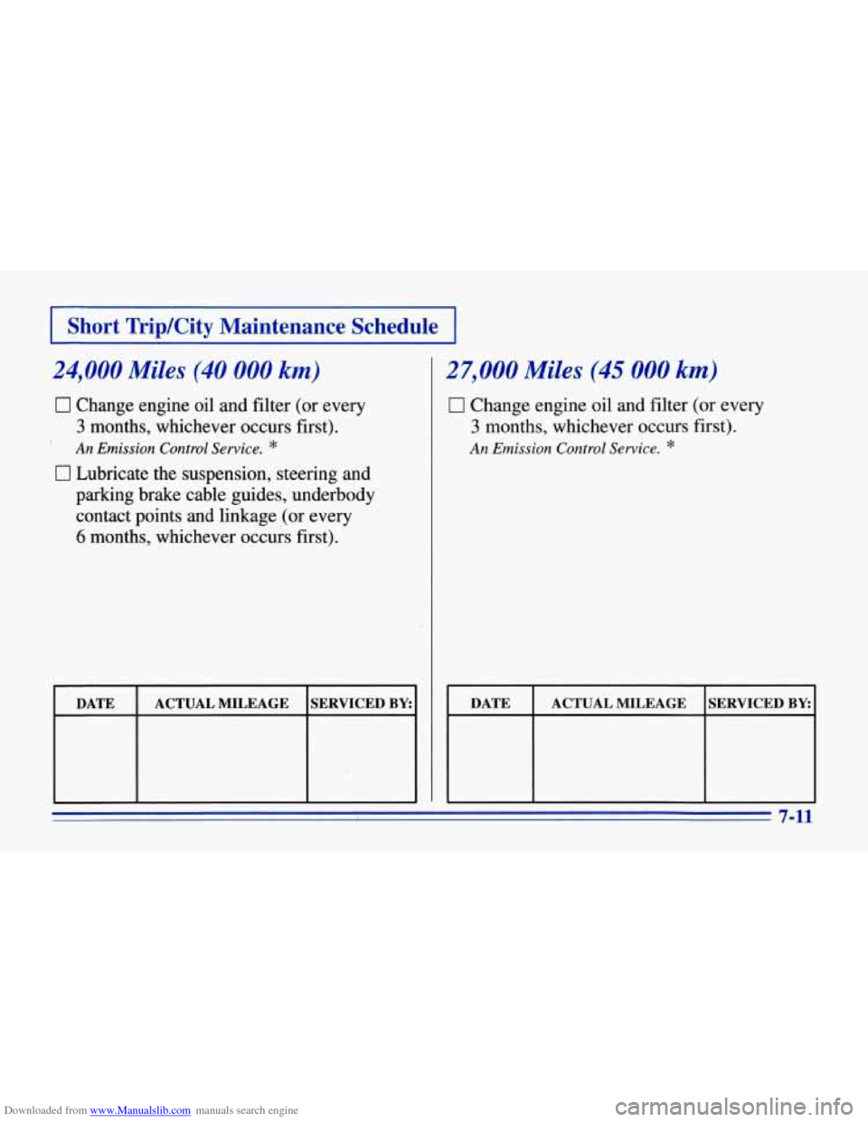 CHEVROLET CORVETTE 1996 4.G Owners Manual Downloaded from www.Manualslib.com manuals search engine I Short Trip/City  Maintenance  Schedule I 
24,000 Miles (40 000 km) 
0 Change  engine  oil and filter (or every 
3 months,  whichever  occurs 