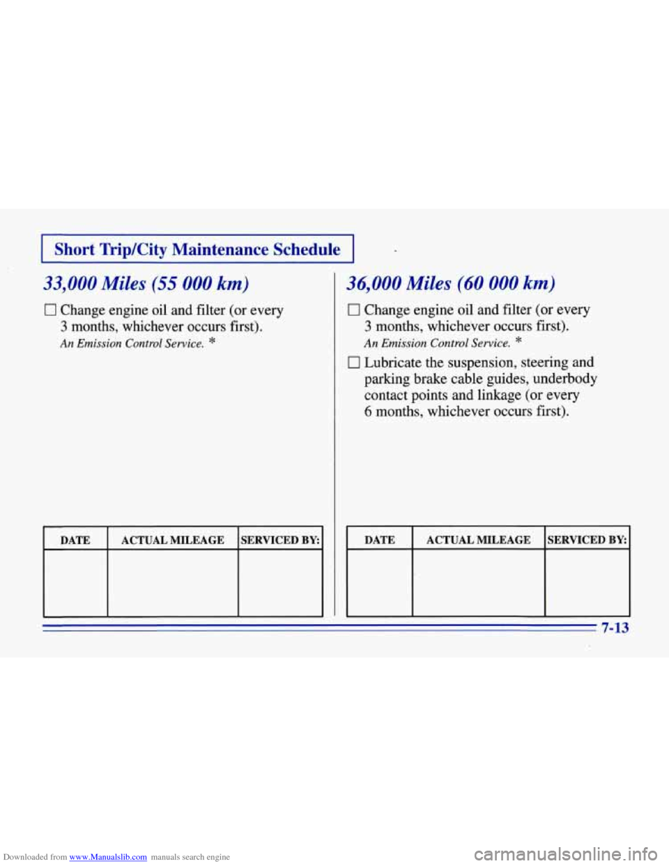 CHEVROLET CORVETTE 1996 4.G Owners Manual Downloaded from www.Manualslib.com manuals search engine Short  Trip/City  Maintenance  Schedule 
33,000 Miles (55 000 km) 
0 Change  engine  oil  and filter (or every 
3 months,  whichever  occurs  f