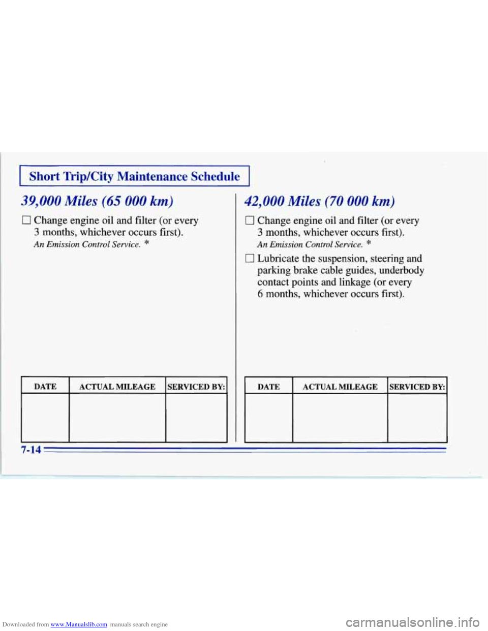CHEVROLET CORVETTE 1996 4.G Owners Manual Downloaded from www.Manualslib.com manuals search engine I Short TripKity Maintenance  Schedule I 
39,000 Miles (65 000 km) 
0 Change engine oil and filter  (or  every 
3 months,  whichever  occurs  f