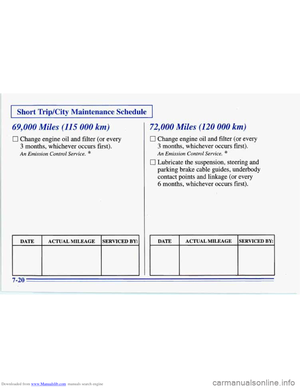 CHEVROLET CORVETTE 1996 4.G Owners Manual Downloaded from www.Manualslib.com manuals search engine )Shortip/City Maintenance  Schedule 
69,000 Miles (115 000 km) 
0 Change engine oil and filter (or  every 
3 months,  whichever  occurs first).